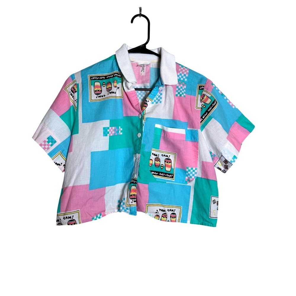Vintage Pandora 80s 90s Abstract Graphic Cropped Button Up Shirt Pink Blue 9/10